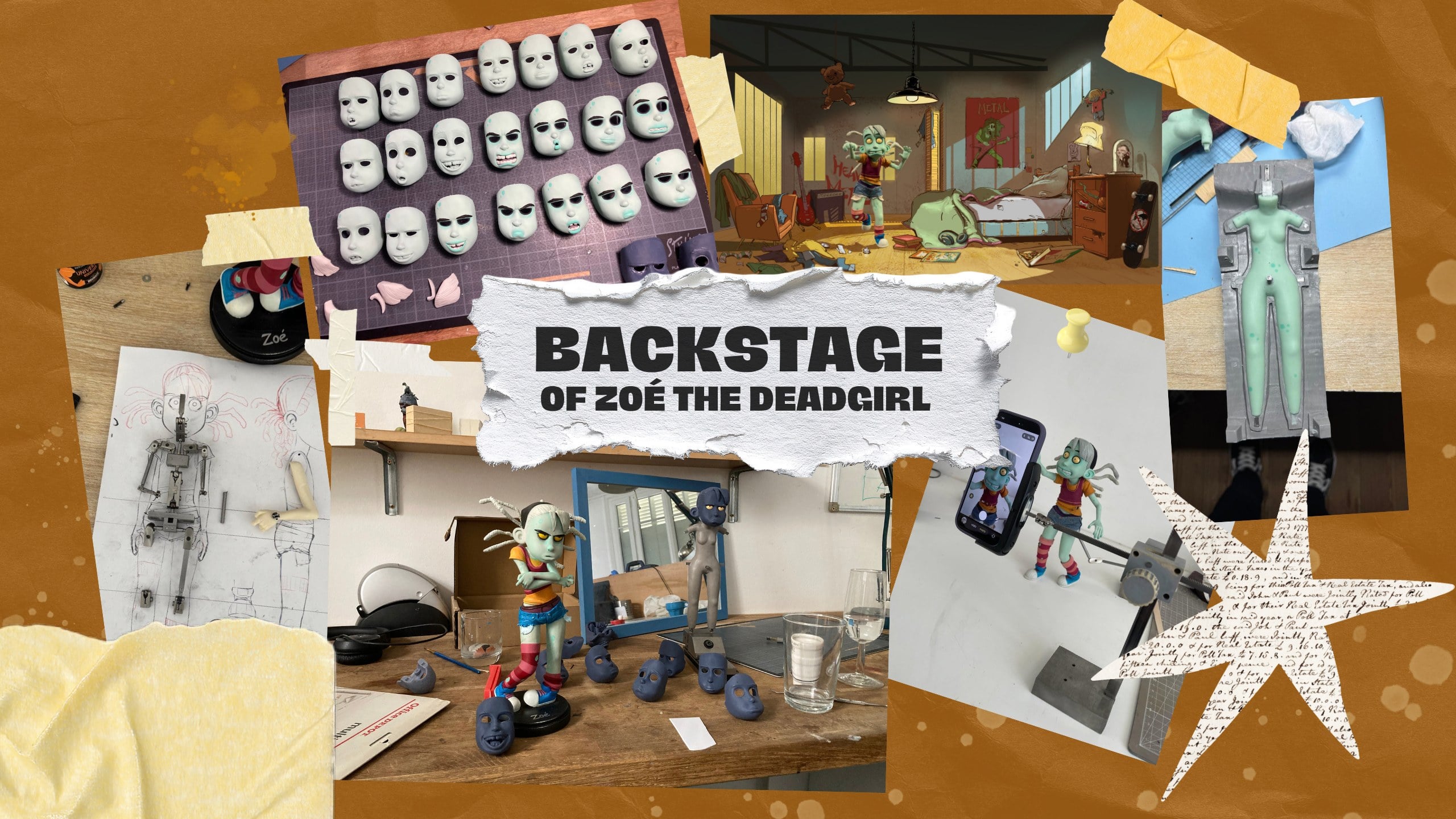 "Backstage of Zoé the Deadgirl" collage: replacement faces, armature, mould, workshop and shooting