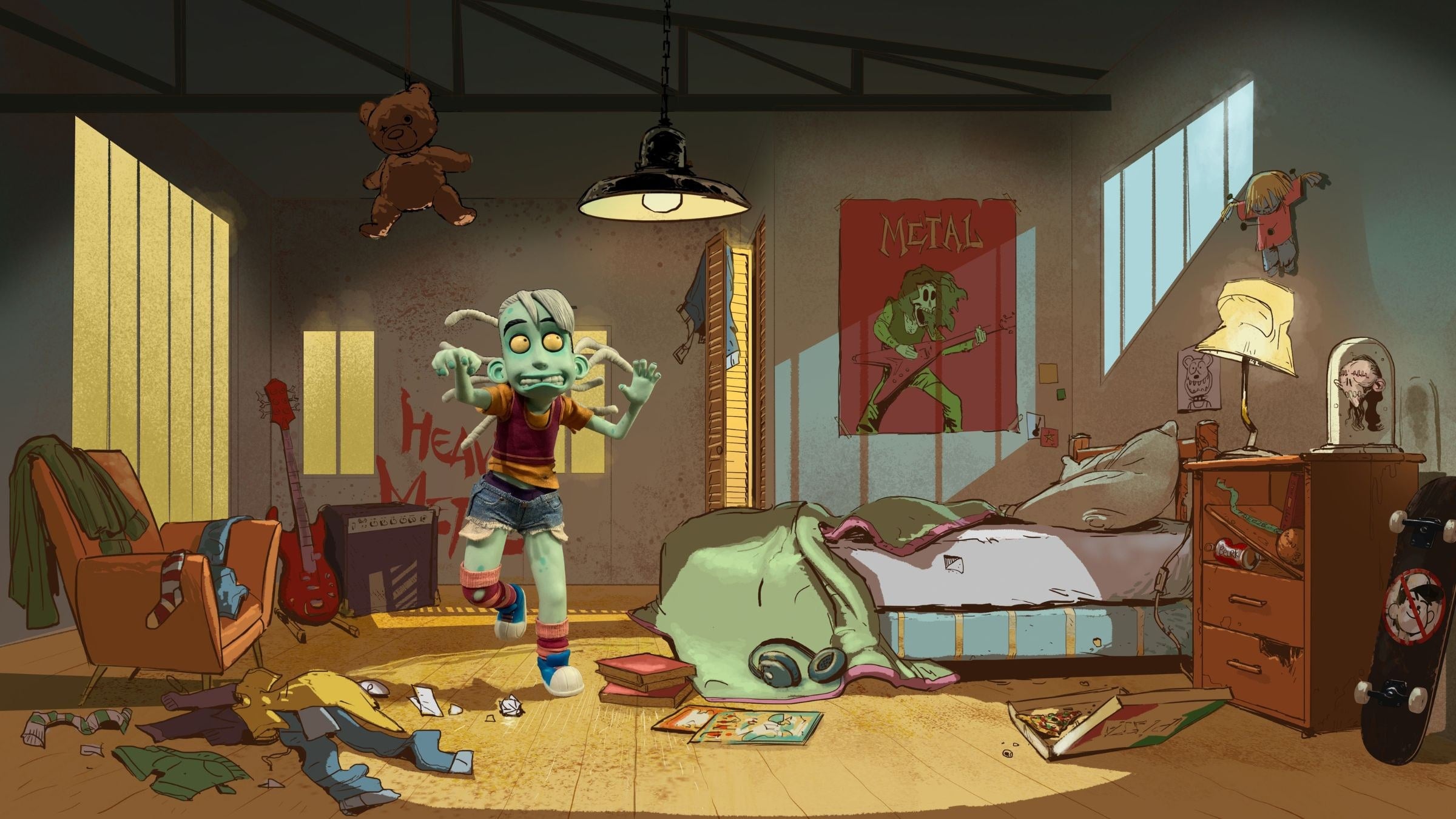 La chambre de Zoé en concept art : affiche Metal, guitare, vêtements par terre et pizza, Zoé au milieu du bazar